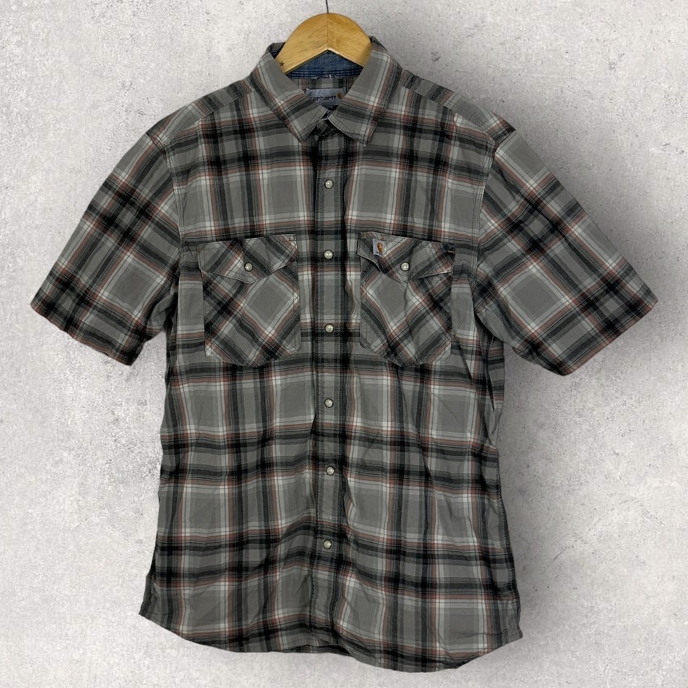 Carhartt Relaxed Fit Mens Grey Plaid Short Sleeve Collared Shirt Size Medium
